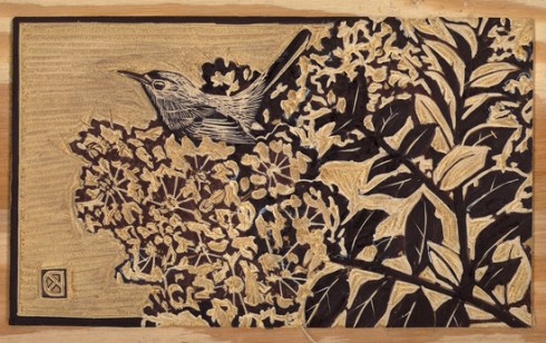 bluegray gnatcatcher in crape myrtle, carved block