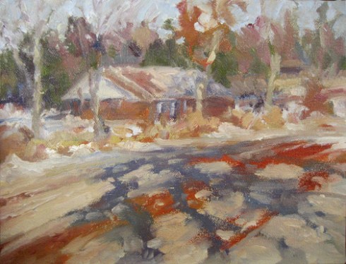 Snow on a Red Dirt Road, oil/canvas 9×7