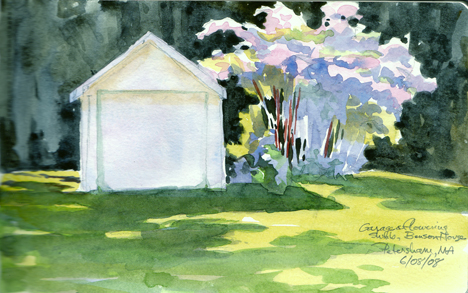 Benson House Garage with giant flowering bush