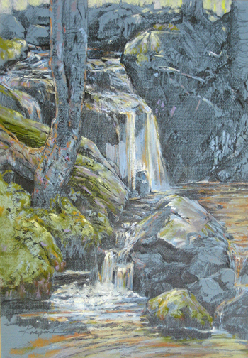 Doyle's Cascade, plein air pastel/graphite, 12"x16"