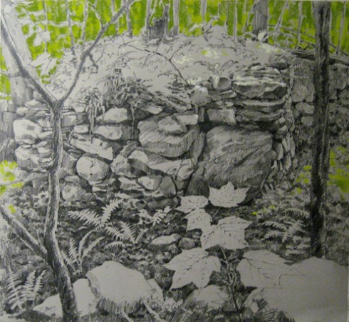 Doyle\'s Old Homestead, what\'s left of it, Harvard Forest. Plein air drawing (unfinished), 22\