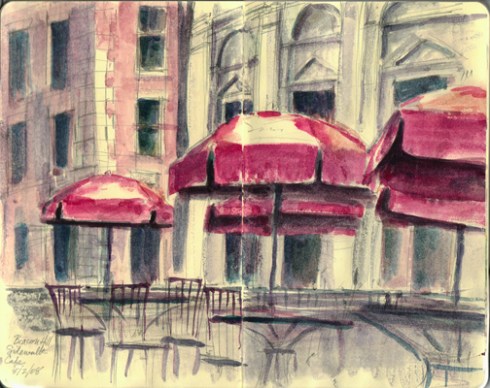 Sidewalk cafe on Beacon Hill. No place in a storm, umbrellas or no.