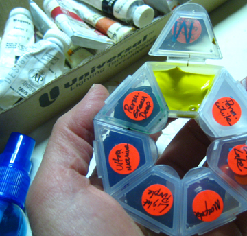 tubes were too heavy, so I squeezed out some gouache (opaque watercolor) into this pill box.