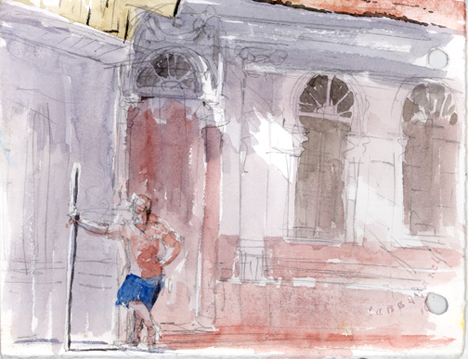 A workman rests in the 6" of shade offered by a wall in between mysterious sidewalk chipping bouts.