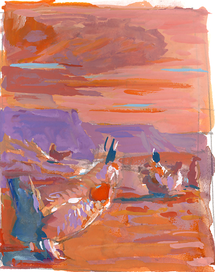 Color thumbnail rough; this measures 2 1/2"x3 1/2" and is painted very loosely in gouache on paper. 
