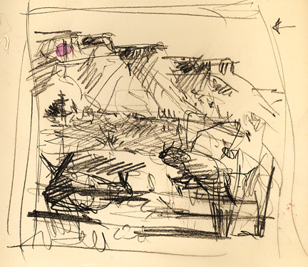 One of half-dozen thumbnail sketches made on site for the poster artwork for the Lesser Prairie Chicken Festival.