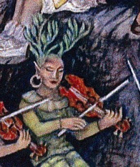 Antlers or branches? Daphne plays the fiddle. Detail from "Symphony on the Mountain" by Frances Spencer