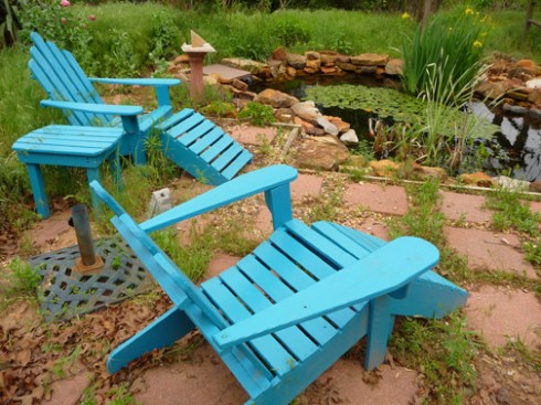 Okay, here's the theory: Lazuli buntings flying overhead see my brilliant deck chairs and mistake them for giant wooden lazuli buntings. Hey, from a few thousand feet up, what's the difference? Deck chairs= lazuli bunting decoys. They are a perfect match for color.