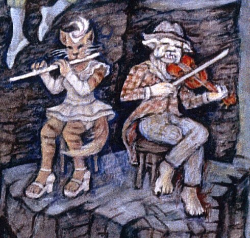 The cat and dog section play in harmony; detail from "Symphony on the Mountain"