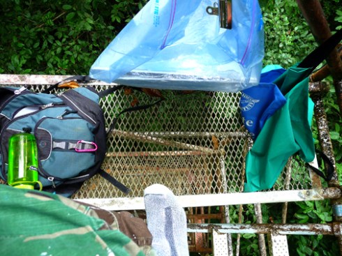 A bit dizzying: my Lutz tower workspace. Everything held in place by bungee cords, including me.