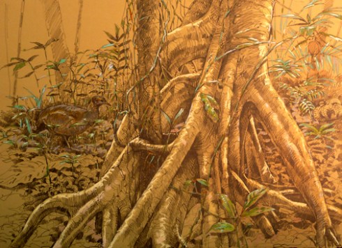 18"x24" pastel and graphite on Rives BFK; the trunk of an elderly cecropia, with serendipitous tinamou.