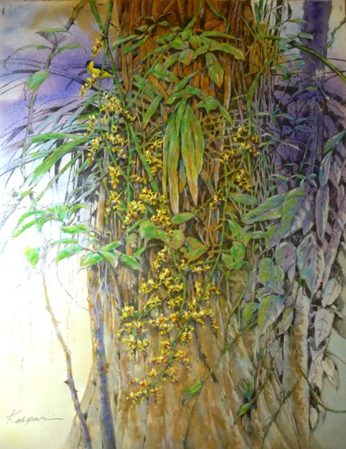 Oncidium Orchid with Thick-billed Euphonia; 27" x 35" mixed media