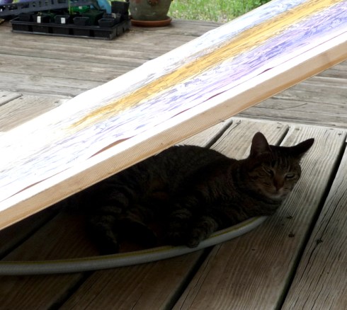 Angling the board let the paint migrate into interesting directions on the wetted paper.