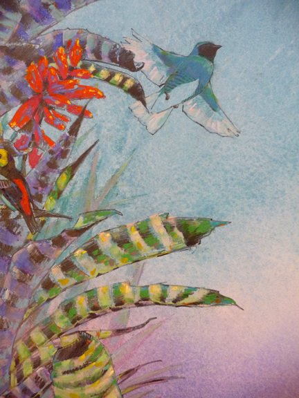 Detail- Swallow tanager takes off into the Amazon air. This painting is a mashup of field sketches made while swaying in Peruvian treetops.