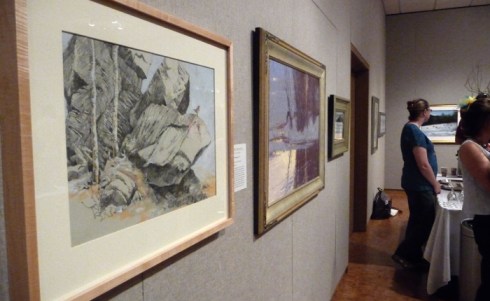 My own piece, "19th Century Slab Quarry, Hermit Thrush" next to James Morgan's beautiful oil, "Patterns of Winter, Mallard". Also next to the bar, a favored spot. On the back wall: Cindy House's glorious pastel, "Late January Afternoon, Wild Turkey".