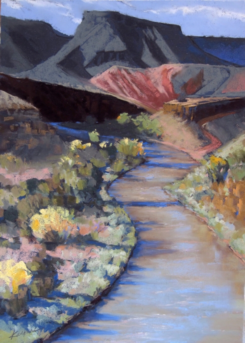 Chama River, with a nicely shaped butte in the background. Pastel on royal blue Colorfix sanded pastel paper, 19" x 12".