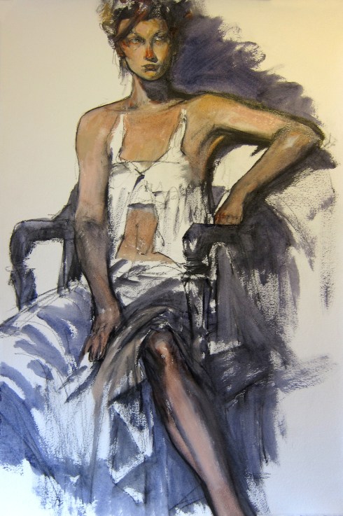 65 minute pose, oil paint washes on Arches oil-primed paper, 15" x 22"