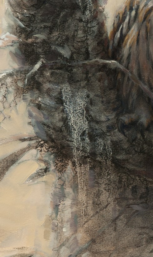 Couldn't have planned it better. Painting wet into wet, I walked away for awhile to do something else while it dried and returned to this nice hank of hanging moss created by slow dribbles in the oil paint.