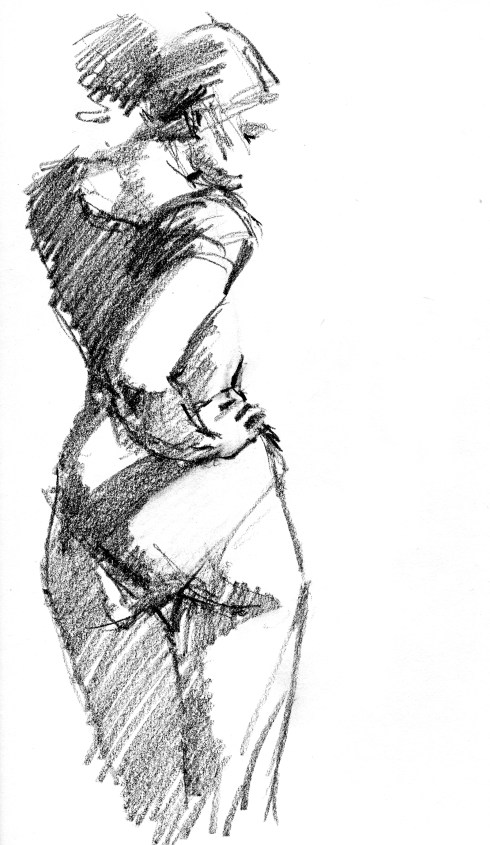 6B pencil on 8 1/2" x 11" sketchbook page, 4 minute pose.
