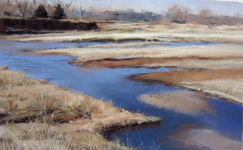 We pondered how to capture this scene until the owner, brush-hogging nearby, invited us to crawl under his barbed-wire and set up our easels at the river's edge. A bald eagle circled overhead while we painted. Plein air, 11" x 7" pastel.