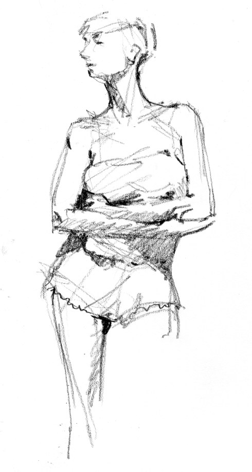 Woman with folded arms and partially shaved scalp. 6B pencil on Stillman & Birn 8 1/2 x 11 hardbound Epsilon series sketchbook. 4 minute pose.