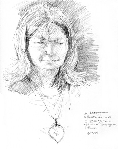 My sister agreed to pose if she could consult her Samsung Galaxy at the same time. 