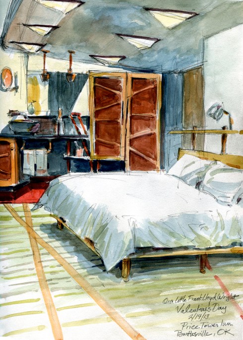 We slurped champagne in our airy aerie on the prairie and whacked our shins and hips on Mid-Century Modern edges and angles, the essential aesthetic of all the chairs, bed frames, the handsome maple desk, the fixtures, and even the green marble and copper vanity. There was no escaping the style dictums of Frank Lloyd Wright.