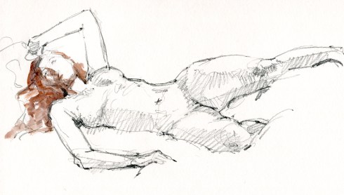 Comfort or discomfort, it's a bit of a stretch no matter what. Watercolor over 6B pencil in Stillman & Birn Gamma Series sketchbook. 20 minute pose.