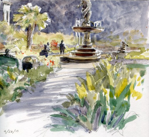 Fountain, Audubon Park, New Orleans. Alive with strolling dog walkers, bicyclists, roller bladers on a warm afternoon in April.