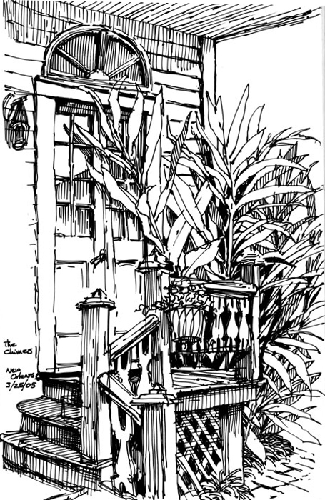 Tropical foliage and old architecture; The Chimes, an Uptown B&B. Rapidograph pen and ink on paper, 6" x 8"