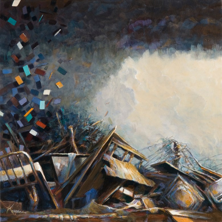 "Rise"; 12" x 12" acrylic on canvas, 2013. Painted from first image taken on iphone upon leaving the storm shelter on May 10, 2010. Painted on a canvas recovered from the rubble of my studio. What you are looking at is the guest room, brass bed, linens, washer and dryer to the right where the laundry room was. Brown shag carpet at the bottom. The back of the canvas, oddly, is my favorite part of the piece. It holds a collection of dirt, wallboard chips, and fiberglass insulation. I had the framer preserve it with an acrylic cover.