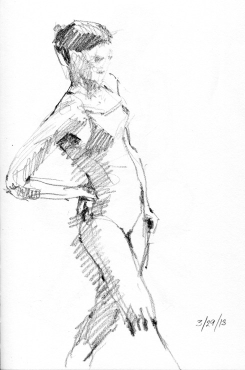 Leaning back to consider the situation, or perhaps work out a kink in the lumbar. Love this gesture. 4 minute pose, Stillman & Birn Gamma Series 8 1/2" x 11" hardbound sketchbook. Drawn in a thunderstorm.