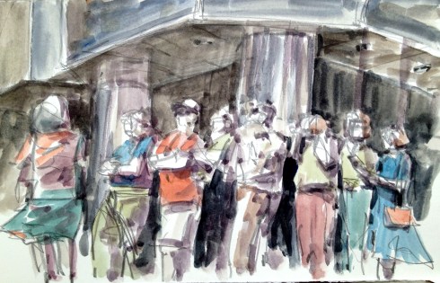 Quickdraw in Leadership Square, sketching the scene as fast as the fingers could fly. Watercolor over pencil on Arches hot press watercolor paper, 140 lb.