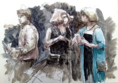 These two nice ladies asked me if I'd paint their portrait with Rick Bayless, who was busy in his cook tent whipping up tacos. They chatted while I sketched them and wondered how I would work the chef into the picture. A few minutes later, he stepped out from the behind the grill and did a TV interview right in front of my table. No kidding. Lucky me. And the ladies paid handsomely for the portrait- all for the cause. 11 1/2" x 7 1/2", watercolor over pencil on Arches hot press paper.