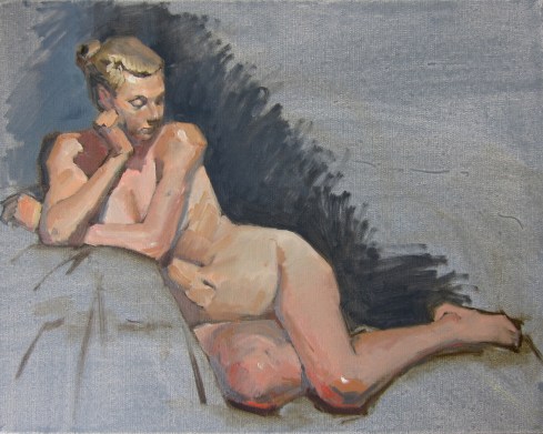 Today's figure session, with chignon-topped blonde. Oil on gray-toned canvas, 20" x 16". 