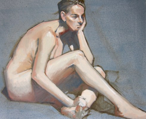 A little bit posterized, or a model as a logo. But what is she selling? Oil on canvas, 20 x 16