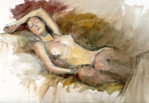 Nude flings herself onto the couch in a Victorian faint, and keeps this position for three heroic hours as artists scramble for smelling salts and fragrant tussy-mussies.