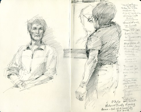 Drawing the drawing demo; Mitsuno Reedy demonstrates charcoal drawing technique at a demo in Midwest City. 