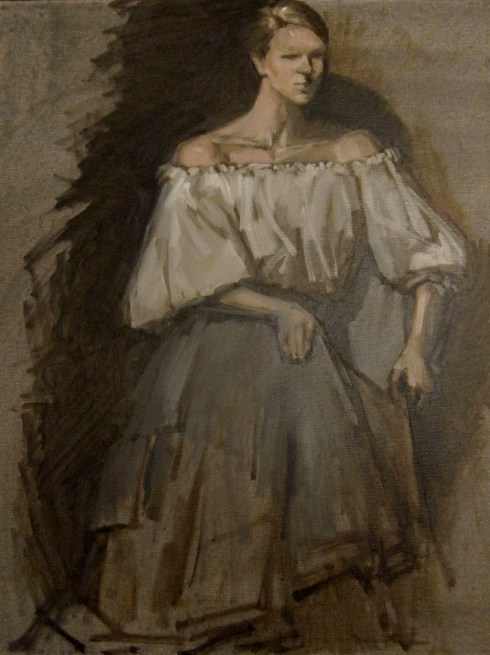 A Flamenco dancer on break? Nope, just your basic peasant drapery; write your own narrative. Oil on canvas: raw umber, terra rosa and titanium white. 3 hour pose- can you believe this is as far as I got?