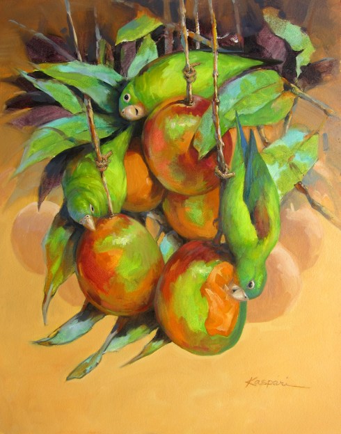 Orange chinned parakeets gnawing away at ripe mangoes. Sketched from a balcony in Gamboa, painted oil on paper a couple of weeks ago. 16" x 20". Color!