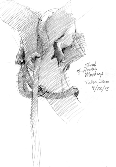 Stack of howler monkeys, asleep, Tulsa Zoo. Only thing visible: tails and feet. No idea how many monkeys are here. Pencil on 8 1/2" x 11" Stillman & Birn sketchbook, Epsilon Series.