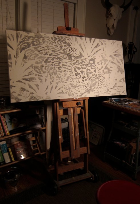 Sleeping jaguar, drawing and initial underpainting. Oil on canvas, 48" x 24". 