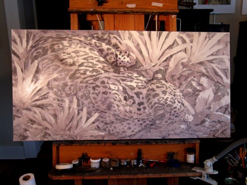 Underpainting of a sleeping jaguar, somewhere around dawn in the leaf litter on Barro Colorado Island, Panama. I've never seen a jaguar there, but they have them there, or at least one. Oil on canvas, 48" x 24". 