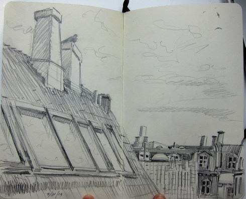 Wood pigeon on the chimney, swifts (Apus apus) high above them. The view from my writing desk. Pencil in Moleskine sketchbook. 