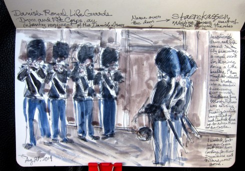 The Danish Royal Army's Fife and Drum Corps playing on the street in Copenhagen. Watercolor over pencil, Moleskine 5 x 8.
