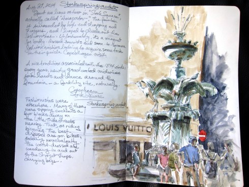 The Storkespringvandet, or Stork fountain, in Hojbro Plads in the heart of the well-heeled Stroget., a shopping district and people-watching hangout. I bought a ringside table and a beer for 54 kroners, and sketched happily until it was gone. Watercolor over pencil in 5x8 Moleskine.  