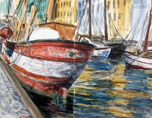 The Lightvessel Fyrskib XVII Gedser Rev, decommissioned and permanently moored along Nyhavn canal. Once a floating lighthouse, essentially, built in 1895, now a museum ship. And a real beauty, moored to the dock below our window. Watercolor over pencil, 5" x 8" Moleskine sketchbook.