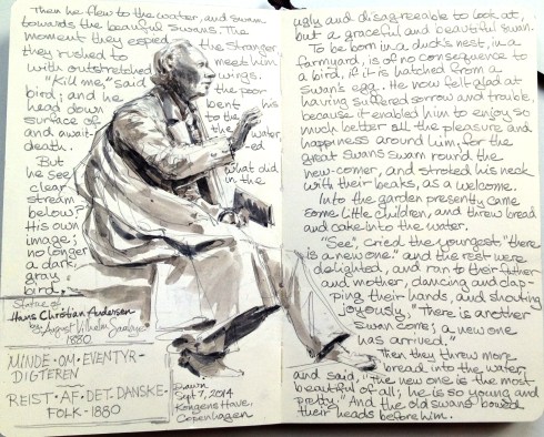 Statue of Hans Christian Andersen, Kongens Have (King's Garden), Copenhagen, with text. Pencil and watercolor wash on Moleskine 5 x 8.