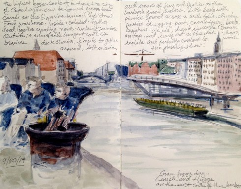 We took a stroll across the bridge from Nyhavn to the Christianhavn side of the water and entered the street food warehouse, a wonderful hodge-podge of various artisan cooks, with tables outside at the water's edge. Mellow crowd, music, deck chairs, firepits, ships and boats and floating parties chugging by on the harbor. Alive, warm, cheery and totally hygge. Watercolor over pencil in 5 x 8 Moleskine sketchbook.