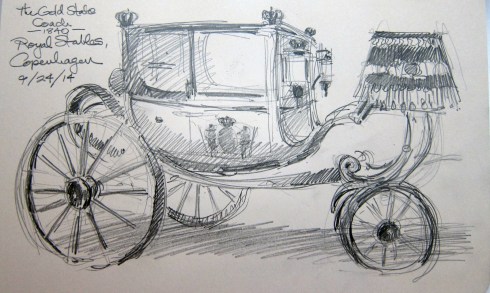 Speaking of coach-drawing, here's the Royal Coach, all fitted out in gold, with The interior has plush tufted pearl gray seating. Underneath is an elaborate spring suspension system. The big painted wheels are rubber coated. Everything is built for luxurious comfort, but it can’t possibly cushion the blow of a cobblestone pavement.